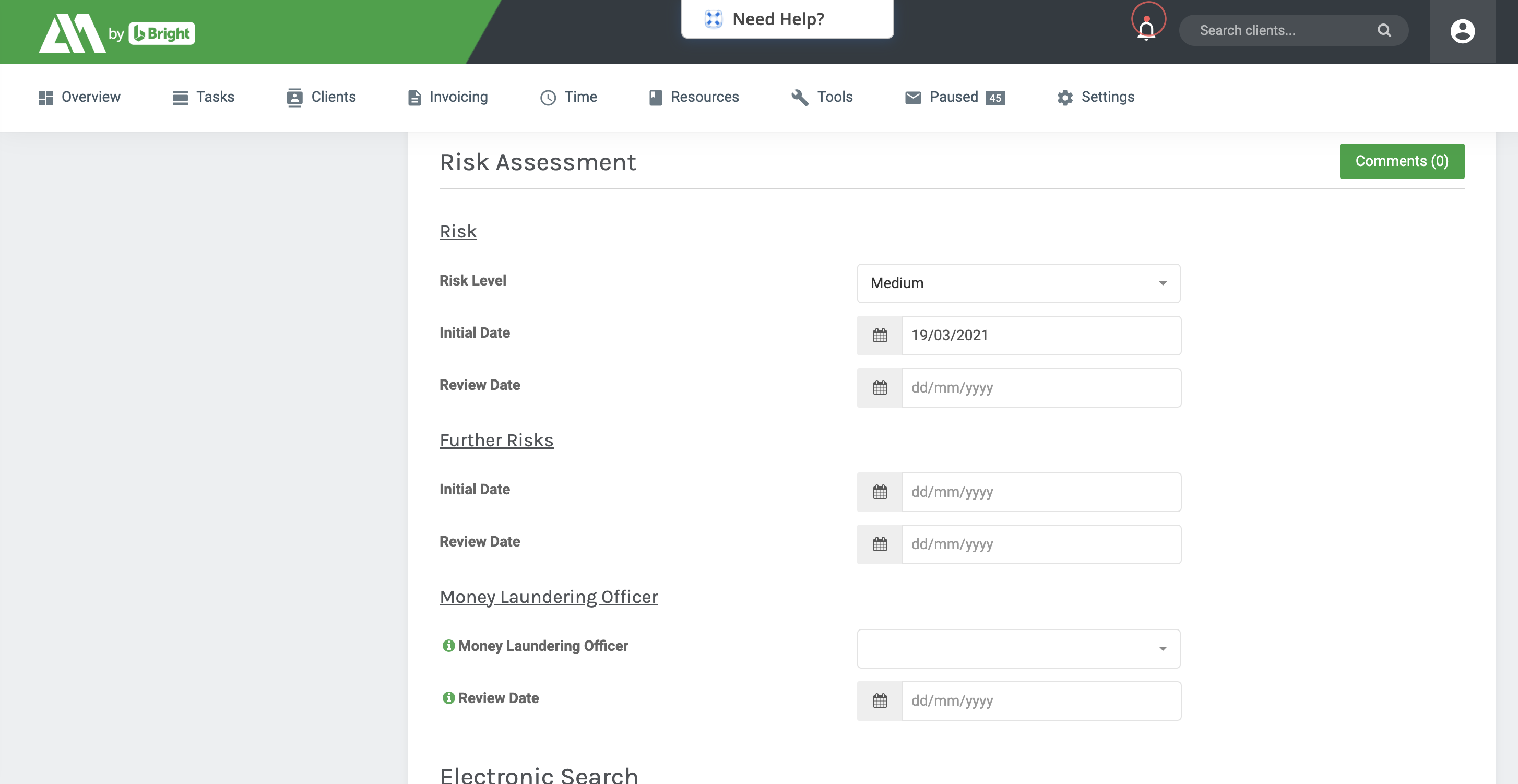 Risk assessment screenshot