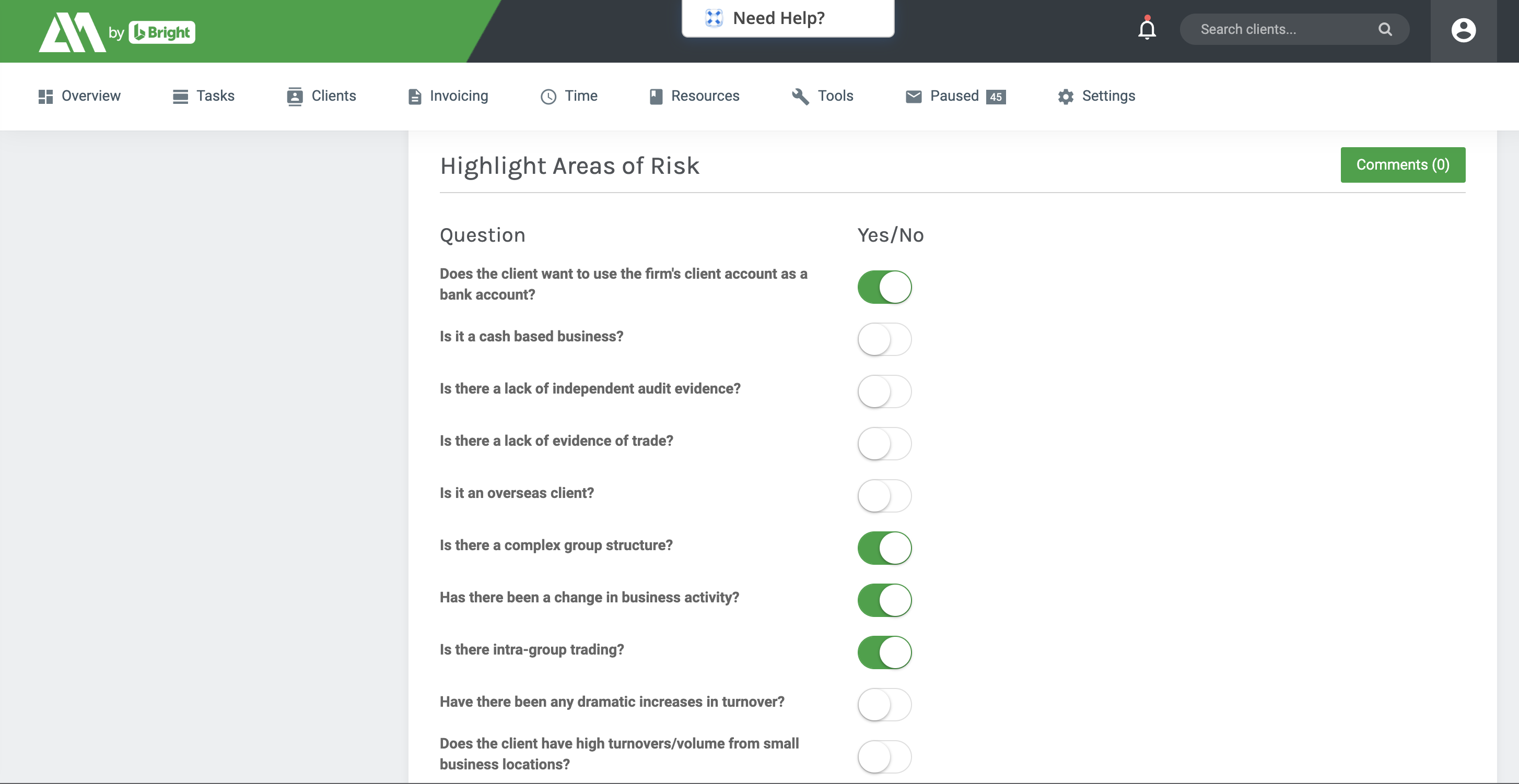 Areas of risk screenshot