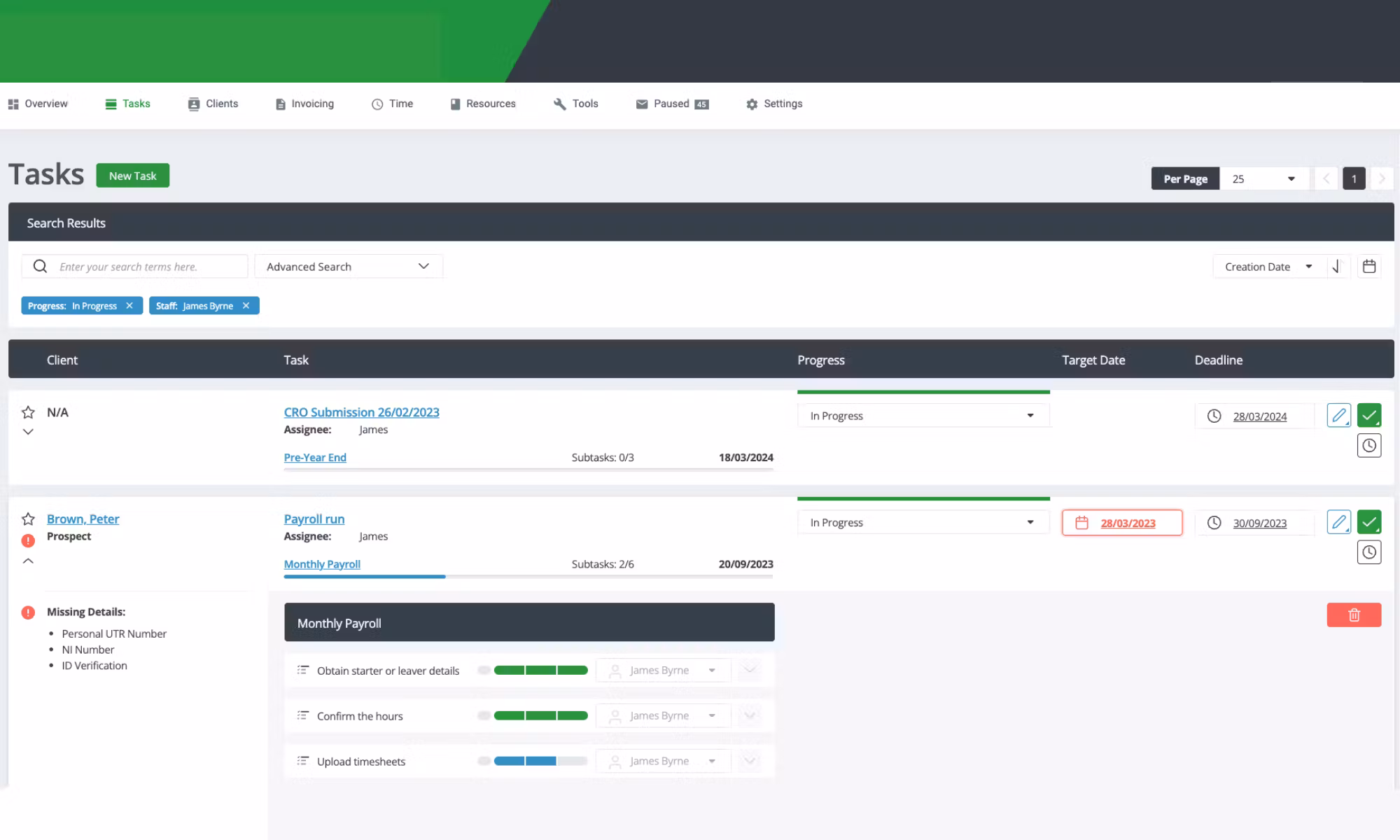 Software dashboard showing tasks list