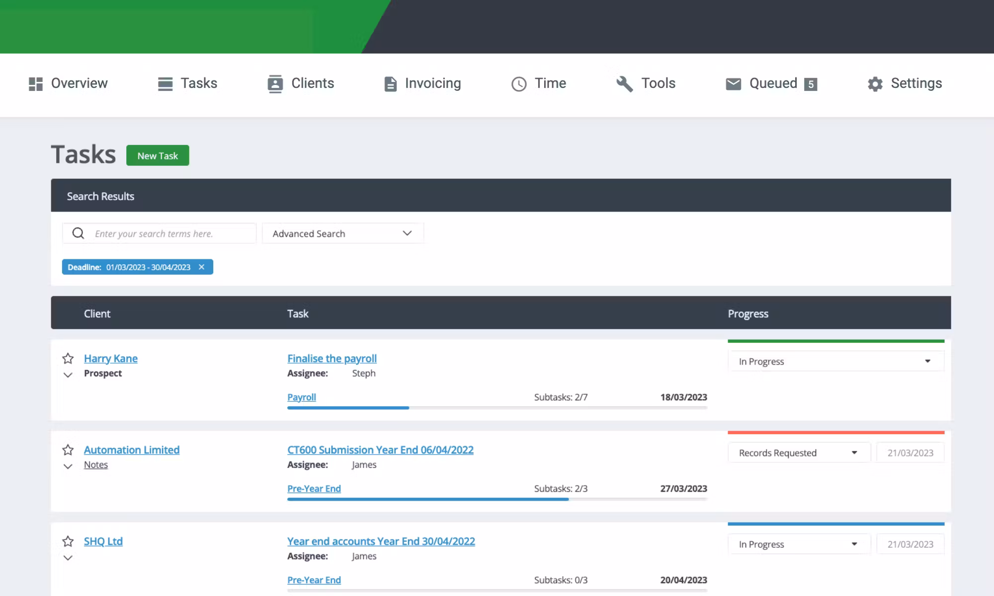 Software dashboard showing tasks list