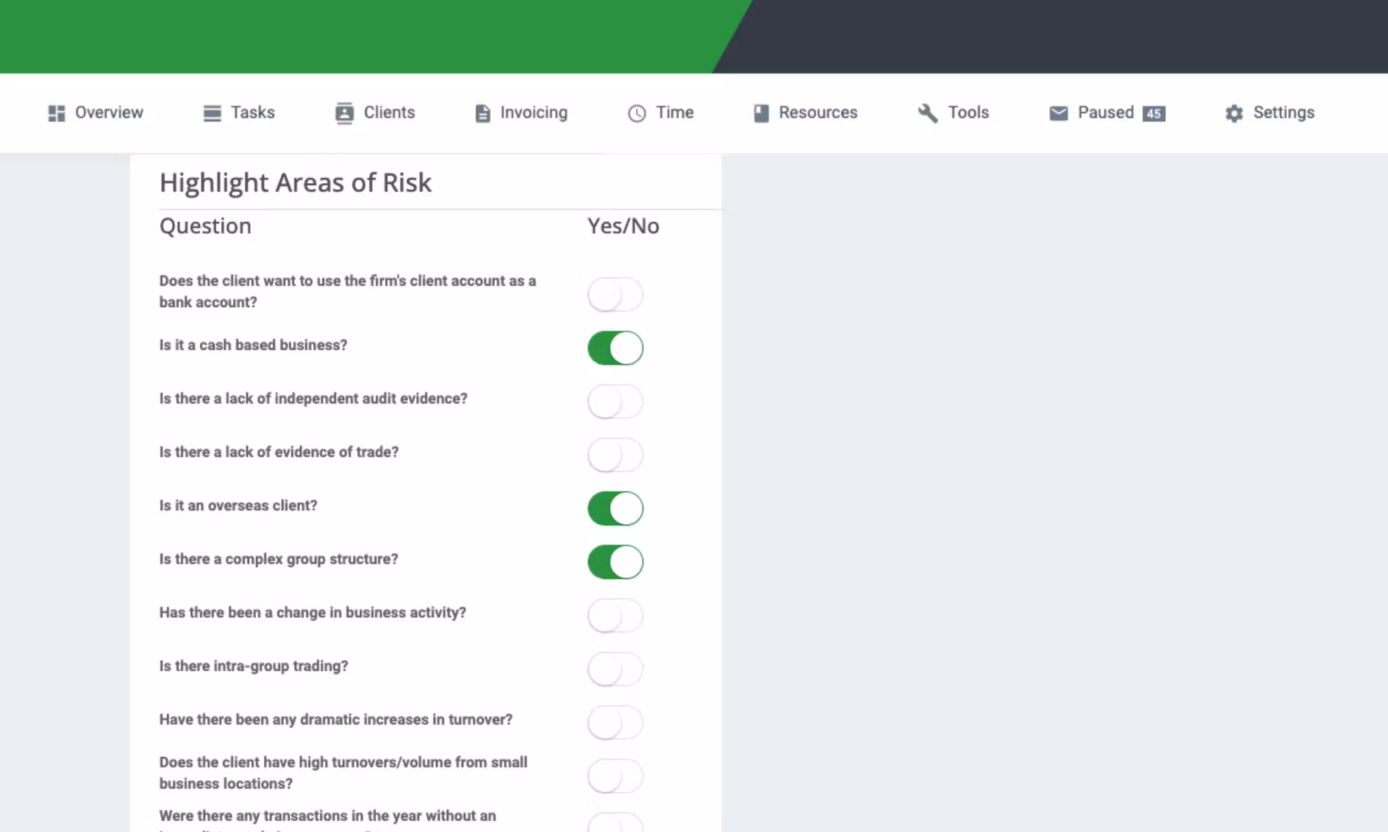 Areas of risk checklist in software dashboard